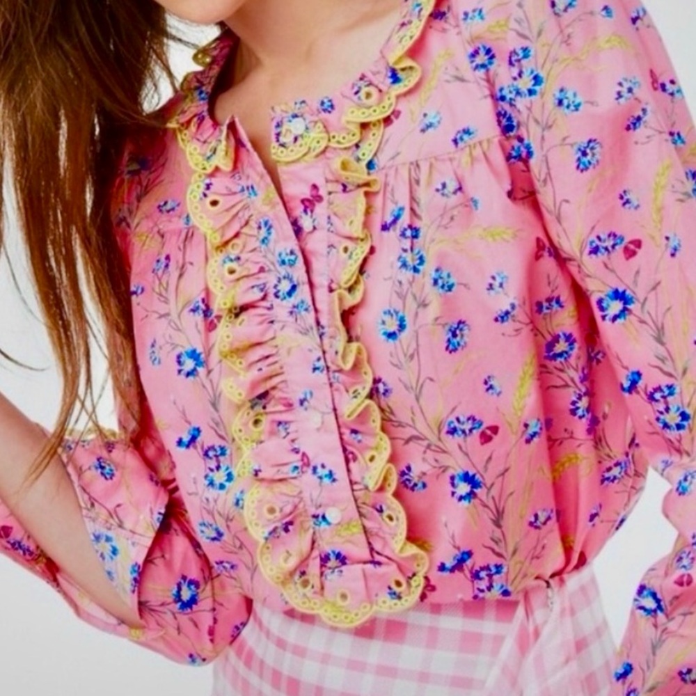 J. Crew Liberty Fabric Pink Cotton Floral Wheat Bouquet Ruffled Top Gorgeous!